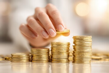 A hand stacking gold coins, illustrating the concept of financial growth.