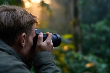 A professional photographer capturing wildlife in a dense jungle during golden hour with soft natural light