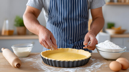 Man preparing pie dough in the kitchen, symbolizing home cooking, culinary skills, and comfort food traditions.