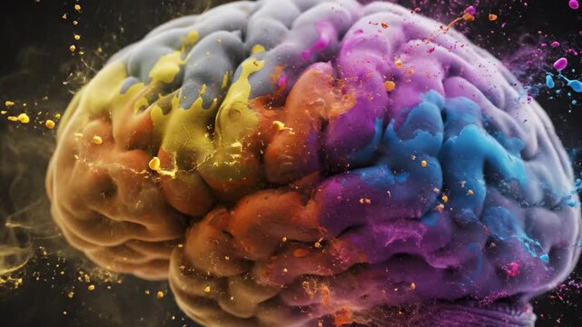 Colorful Brain, Creativity and Intellect - A vibrant illustration of a brain with colorful paint splashes, representing creativity, intellect, and innovative thinking.