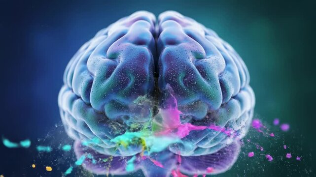 Colorful Brain Splashes: Creativity and Intellect - A vibrant illustration of a human brain with colorful paint splashes erupting from its surface, symbolizing creativity, intelligence, and