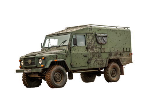 Green military truck with a muddy exterior OM AI generated by PNG military, transportation, car, day, truck, automobile, automotive, vehicle, dirty, equipment, green, outdoors, road, exterior, army, a