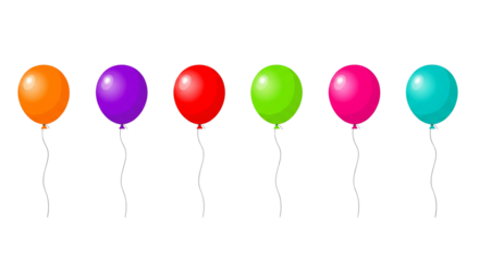 Six colorful balloons lined up in a straight line. Brightly colored balloons standing side by side for celebrations.