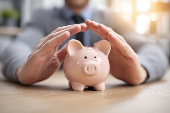 Businessman protecting a pink piggy bank, symbolizing financial security and savings.