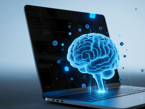 A digital holographic human brain projection emerges from a laptop on a desk 