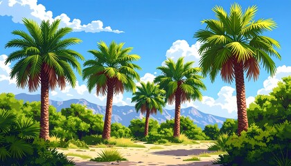 Fototapeta premium A vibrant digital landscape showcases a sun-drenched path lined with tall palm trees, lush greenery, and a backdrop of distant mountains.