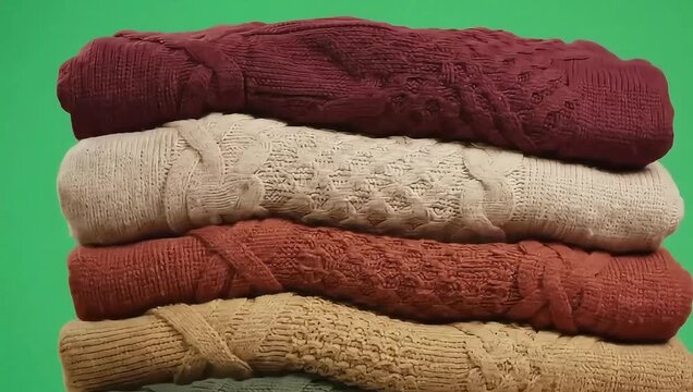 Cozy stack of warm knit sweaters in rich earthy tones on a vibrant green background