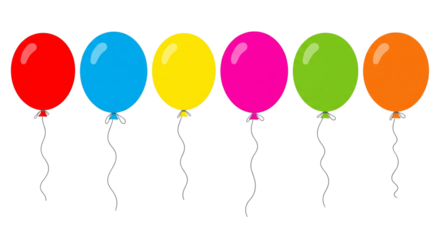 A group of colorful balloons lined up side by side. Solid-colored balloons standing side by side, tied together by a string.