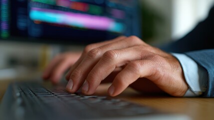 A close-up of a businessman is hands typing on a keyboard with financial data on the screen