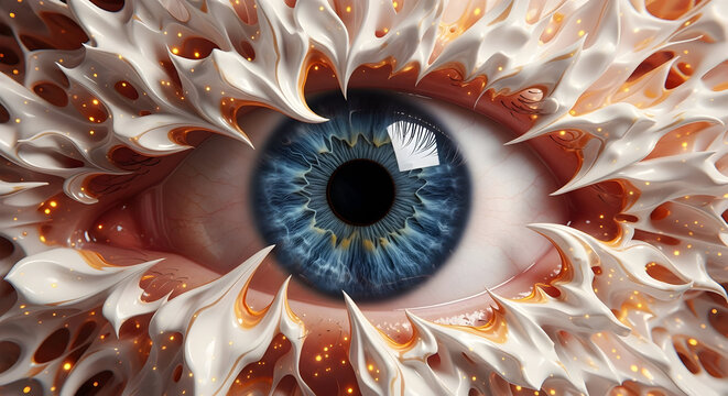 "Close-up surreal blue human eye surrounded by ornate floral fractal petals — macro iris detail with artistic pattern"