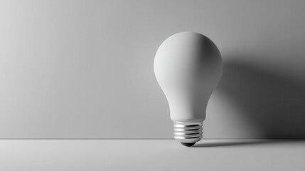 A minimalist white lightbulb floats on a pale grey background, casting a soft shadow. The bulb, symbolizing ideas and innovation, is rendered with smooth gradients, highlighting.