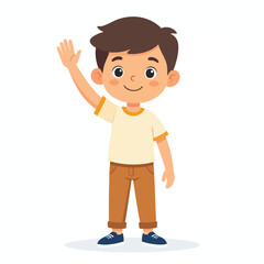 Cartoon boy with brown hair and clothes waving his hand in a friendly greeting.