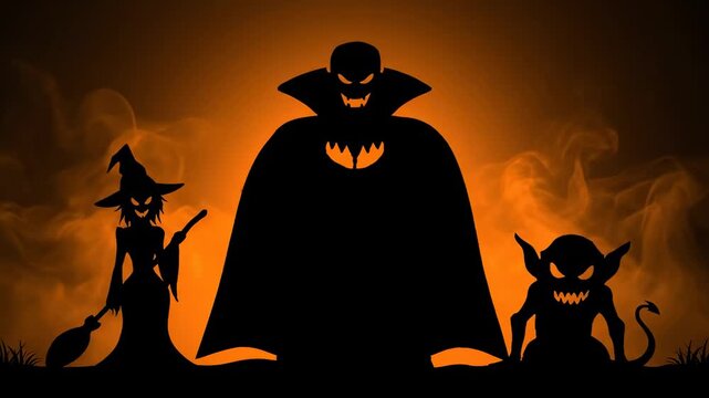 Creepy Halloween Silhouettes - Spooky silhouettes of a vampire, witch, and goblin are dramatically displayed against a dark orange, smoky Halloween background.