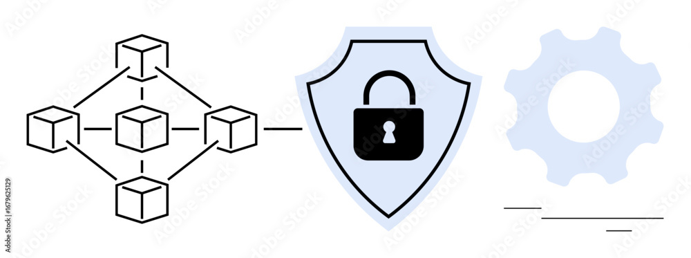 Wall mural blockchain network linked to shield with lock and gear, representing security, connectivity, system 