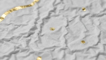 White Crumpled Paper with Gold Accents - Close-up view of textured white paper with gold foil accents in the form of a wavy line and scattered dots. - Powered by Adobe