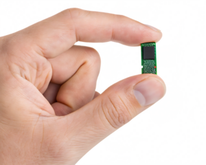 green microchip in man hand isolated on white background, png, ai generated.