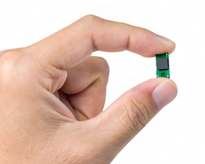 green microchip in man hand isolated on white background, png, ai generated.