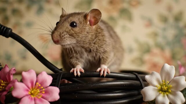 Curious Brown Rat on Cables with Flowers - A cute brown rat sits inquisitively on a bundle of black cables, surrounded by delicate pink and white flowers.