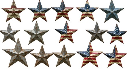 Collection of Rustic American Flag Stars with Weathered Metal Texture