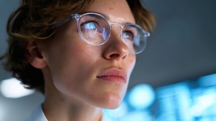 A scientist analyzing data with advanced AI systems displayed on transparent screens in a high-tech lab