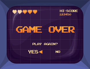 Game over screen. Retro arcade machine pixel monitor, vintage video gaming 8 bit console interface credits score play button level loss end of round cartoon vector illustration © ssstocker