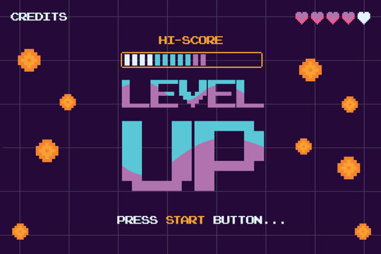 Level up screen. Retro pixel arcade machine 8 bit monitor press start play button vintage console 1980s video gaming technology score coins interface cartoon vector illustration