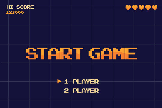 Start game screen. Retro arcade start gaming pixel background vintage machine video monitor 8bit console 1980s interface player choice score play button cartoon vector illustration