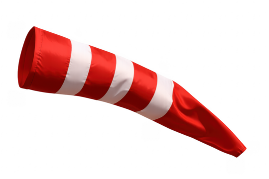 Red and white windsock blowing in the wind on transparent background
