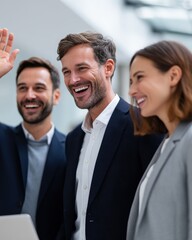 Fototapeta premium A business team celebrating a successful deal in a sleek modern office space
