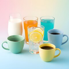 Colorful Array of Beverages A Refreshing Still Life Featuring Juices Milk Lemonade and Coffee in Vibrant Settings