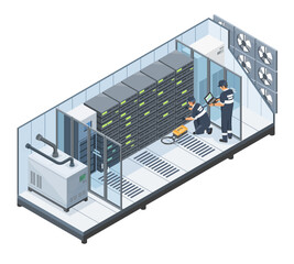 Isometric illustration of technicians installing modular POD edge data center with industrial servers cooling system and monitoring equipment in secure facility