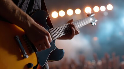 Obraz premium A professional musician passionately playing electric guitar on a brightly lit concert stage with a cheering crowd