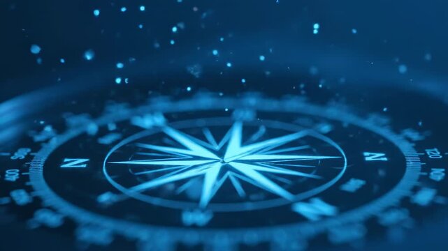 Futuristic Glowing Compass Navigation - A close-up shot of a digital compass with a futuristic design. Glowing blue lines and particles surround the compass, representing navigation and technology.