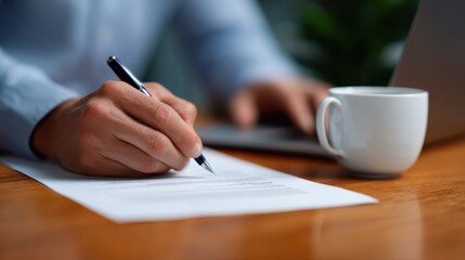 A close-up of hands signing a contract on a wooden desk with a laptop and coffee mug nearby
