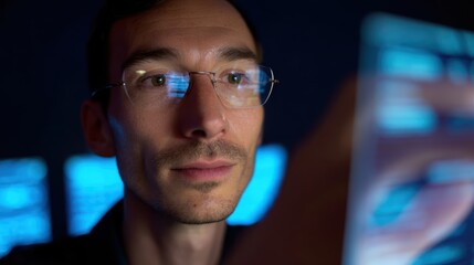 A scientist working with holographic interfaces to analyze big data in a cutting-edge research center