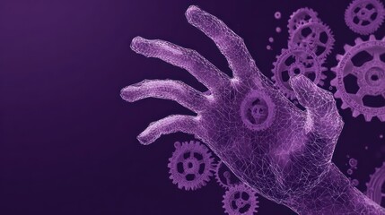 Digital hand, gears, purple