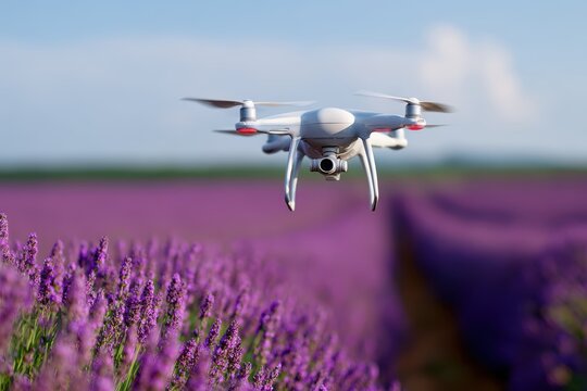 A drone flying over an expansive lavender field with rows of blooming purple flowers stretching to the horizon