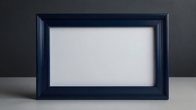 Elegant navy blue wooden picture frame with a blank white mat, standing upright on a table against a dark wall, perfect for mockups and copy space