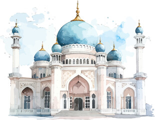 Majestic blue mosque watercolor, domes shining, arches soft, serene