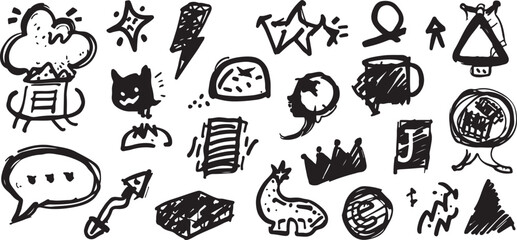 Whimsical Hand Drawn Doodles Vector Pattern Featuring Fun and Playful Icons and Elements in Black and White for Creative Designs