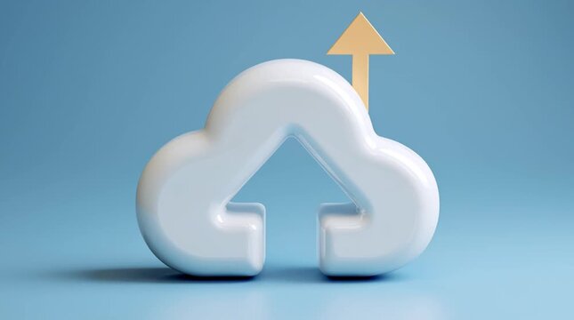 Clean, minimal 3D icon of a cloud with an upward arrow symbolizing cloud computing and data upload. Smooth plastic texture, soft lighting, modern and friendly tech aesthetic.
