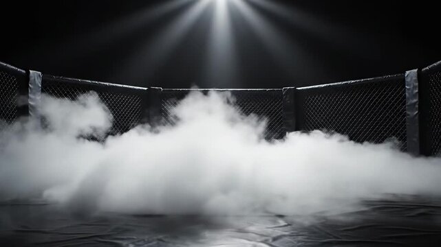 Empty MMA Octagon with Fog and Dramatic Lighting - An empty MMA octagon cage is shrouded in fog with dramatic lighting effects from above.
