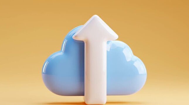 Clean, minimal 3D icon of a cloud with an upward arrow symbolizing cloud computing and data upload. Smooth plastic texture, soft lighting, modern and friendly tech aesthetic.
