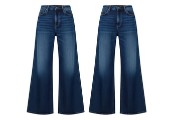 Two pairs of stylish dark wash high waisted wide leg denim jeans isolated on transparent background