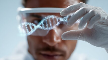 A scientist wearing VR headset interacting with holographic DNA strands in a futuristic laboratory