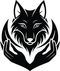 Fototapeta premium Vector art of striking black and white illustration of a wolfs head emerging from cupped hands, conveying themes of nature, protection, wildness, and guardianship