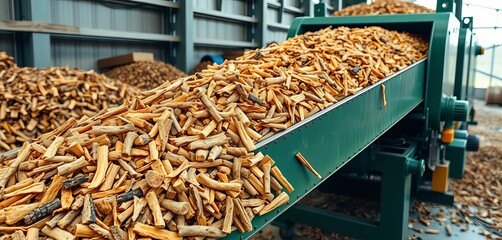 Heavy-duty conveyor belt transporting wood chips from industrial root shredder,  root removal,  machinery