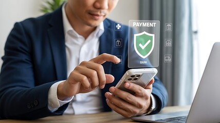 Man using smartphone for secure online payment with digital interface security financial technology