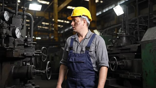Exhausted Industrial Worker in Factory - A tired factory worker wearing a hard hat and overalls stands amidst heavy machinery, wiping his brow after a long shift.