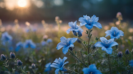 Blue Meadow Flowers in Warm Sunset Glow